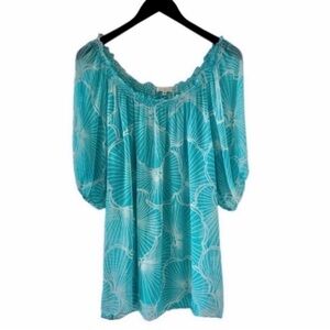 Shoshanna Aqua and White Floral Print Short Sleeve Swim Coverup Size Medium